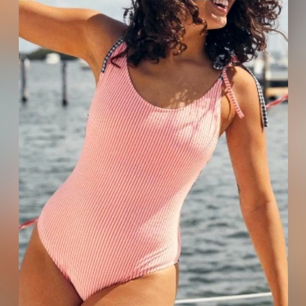Aerie Red White & Blue Stripe/Gingham Cheeky One-Piece Swimsuit | Sz Medium